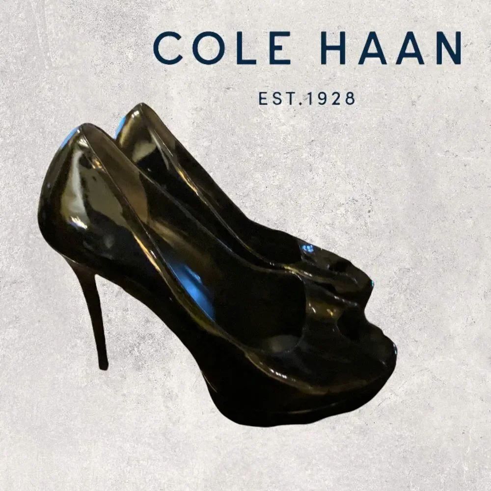 Cole Haan Women's Black Patent Leather Peep Toe Platform Heels 8